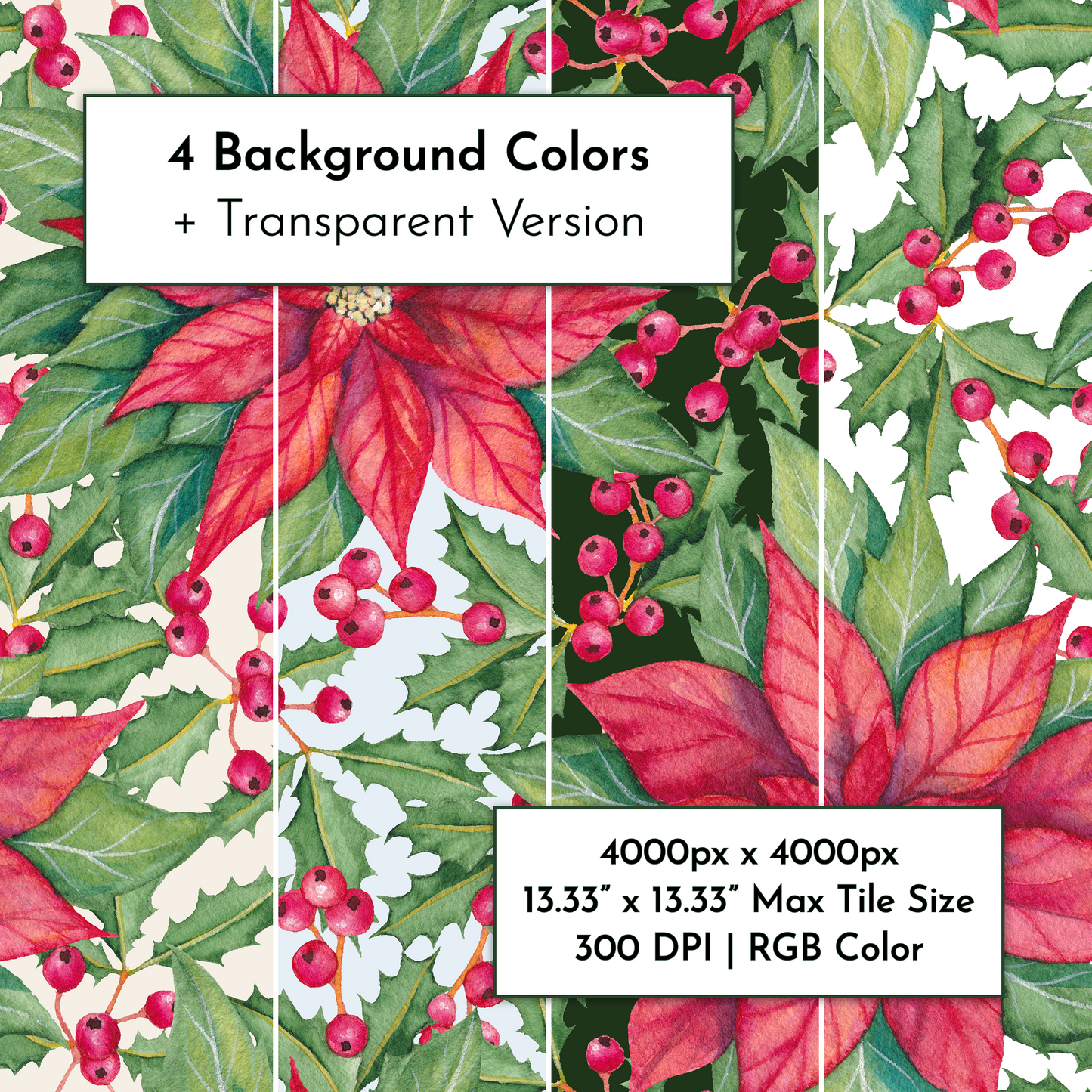 Poinsettias and Holly - Seamless Patterns & Design Elements - Digital Download